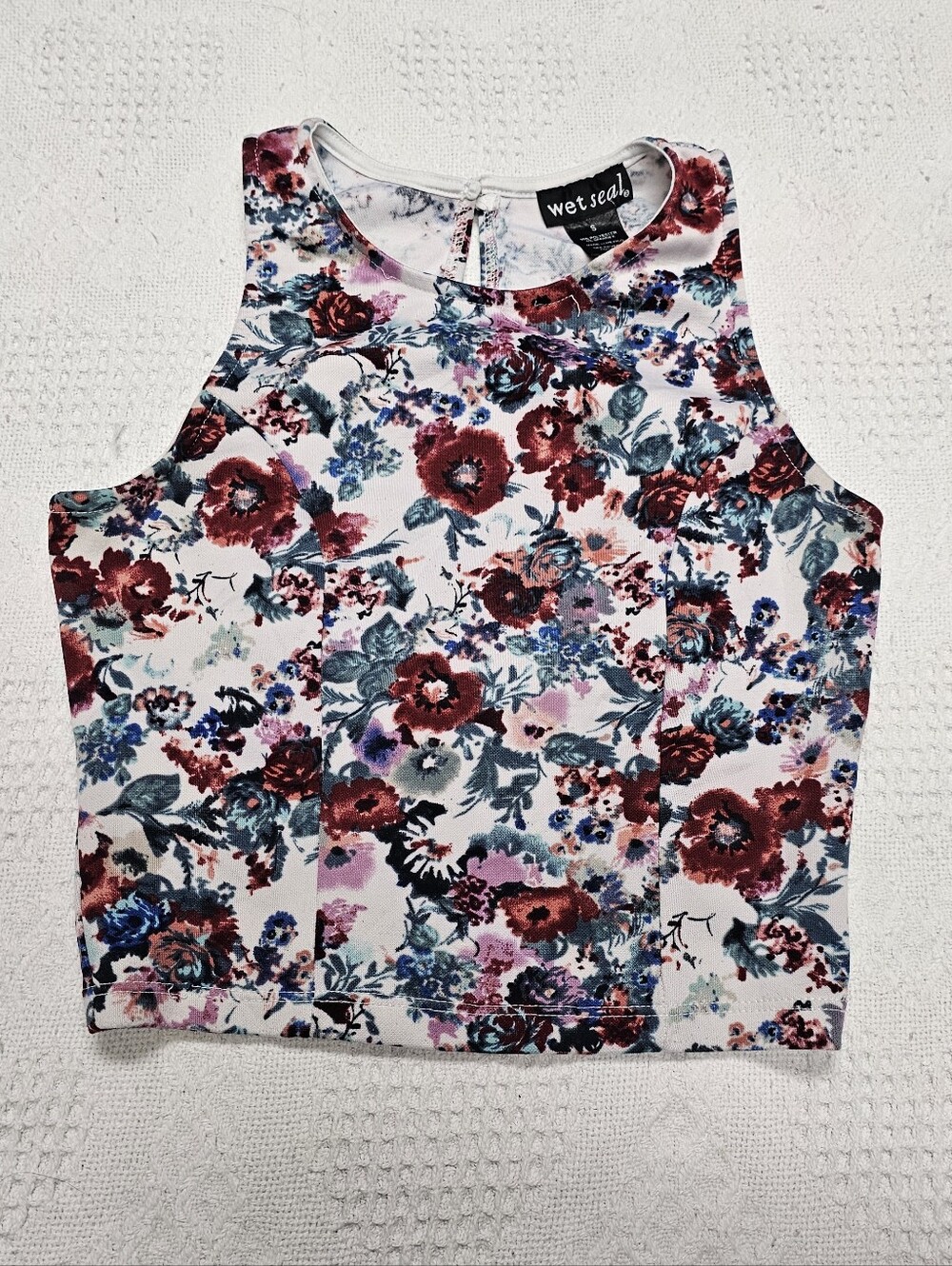 Wet Seal White Floral Tank Top with Red & Blue Blooms